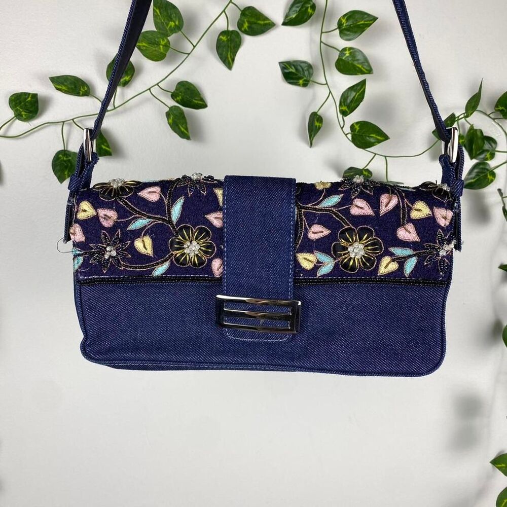 Carla Mancini beaded embroidered denim shoulder bag purse vines silver hardware